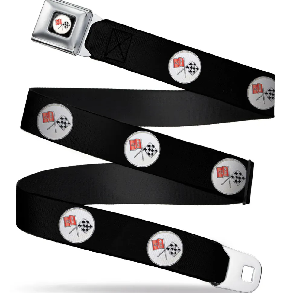 Corvette C2 Flags Logo Full Color Black Seatbelt Belt - Corvette C2 Flags Logo Repeat Webbing