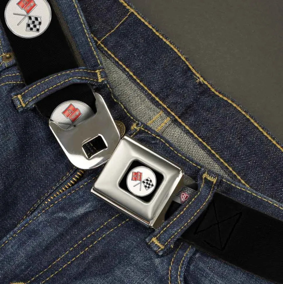 Corvette C2 Flags Logo Full Color Black Seatbelt Belt - Corvette C2 Flags Logo Repeat Webbing