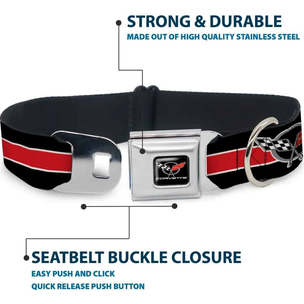 CORVETTE C5 Logo Full Color Black/Gray/White/Red Seatbelt Buckle Collar - CORVETTE C5 Logo/Stripe Black/White/Red/Gray REPEAT