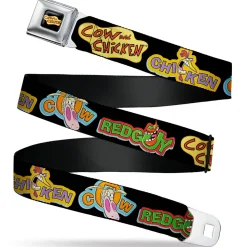COW AND CHICKEN Title Logo Full Color Black Seatbelt Belt - COW AND CHICKEN Title Logo and Poses with RED GUY Black Webbing