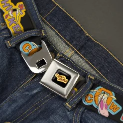 COW AND CHICKEN Title Logo Full Color Black Seatbelt Belt - COW AND CHICKEN Title Logo and Poses with RED GUY Black Webbing