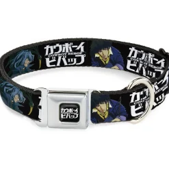 COWBOY BEBOP Title Logo Full Color Black/White Seatbelt Buckle Collar - COWBOY BEBOP Spike and Vicious Pose and Title Logo Black/Blues