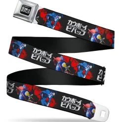 COWBOY BEBOP Title Logo Full Color Black/White Seatbelt Belt - COWBOY BEBOP Spike Pose and Crew Collage and Title Logo Black Webbing
