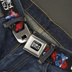 COWBOY BEBOP Title Logo Full Color Black/White Seatbelt Belt - COWBOY BEBOP Spike Pose and Crew Collage and Title Logo Black Webbing