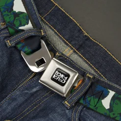 COWBOY BEBOP Title Logo Full Color Black/White Seatbelt Belt - COWBOY BEBOP Crew Group Pose and Title Logo White/Black/Greens Webbing