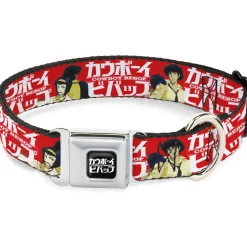 COWBOY BEBOP Title Logo Full Color Black/White Seatbelt Buckle Collar - COWBOY BEBOP Spike and Faye Back to Back Pose and Title Logo Red/White
