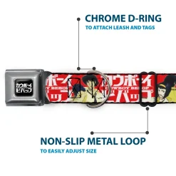 COWBOY BEBOP Title Logo Full Color Black/White Seatbelt Buckle Collar - COWBOY BEBOP Spike and Faye Back to Back Pose and Title Logo Red/White