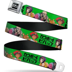 COWBOY BEBOP Title Logo Full Color Black/White Seatbelt Belt - COWBOY BEBOP Crew Group Pose and Title Logo Green/Black Webbing