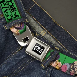 COWBOY BEBOP Title Logo Full Color Black/White Seatbelt Belt - COWBOY BEBOP Crew Group Pose and Title Logo Green/Black Webbing