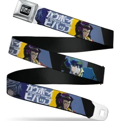COWBOY BEBOP Title Logo Full Color Black/White Seatbelt Belt - COWBOY BEBOP Spike Vicious and Faye Pose and Title Logo Blues/Yellow Webbing