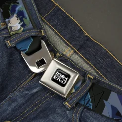 COWBOY BEBOP Title Logo Full Color Black/White Seatbelt Belt - COWBOY BEBOP Spike Vicious and Faye Pose and Title Logo Blues/Yellow Webbing