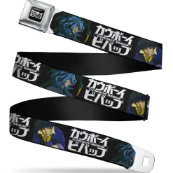 COWBOY BEBOP Title Logo Full Color Black/White Seatbelt Belt - COWBOY BEBOP Spike and Vicious Pose and Title Logo Black/Blues Webbing