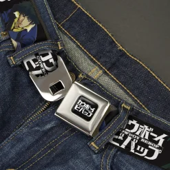 COWBOY BEBOP Title Logo Full Color Black/White Seatbelt Belt - COWBOY BEBOP Spike and Vicious Pose and Title Logo Black/Blues Webbing