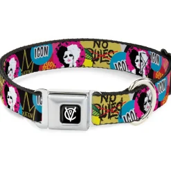 Cruella de Vil CDV Icon Black/White Seatbelt Buckle Collar - Cruella de Vil Cruell World and Round Badge Icons Collage