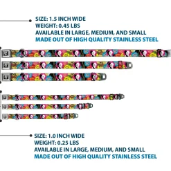 Cruella de Vil CDV Icon Black/White Seatbelt Buckle Collar - Cruella de Vil Cruell World and Round Badge Icons Collage