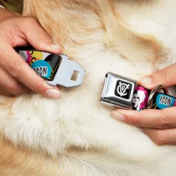 Cruella de Vil CDV Icon Black/White Seatbelt Buckle Collar - Cruella de Vil Cruell World and Round Badge Icons Collage