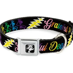 Dancing Bear Black/Silver Seatbelt Buckle Collar - Grateful Dead Script w/Bears & Skeletons Black/Multi Color