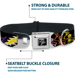 Dancing Bear Black/Silver Seatbelt Buckle Collar - Grateful Dead Script w/Bears & Skeletons Black/Multi Color