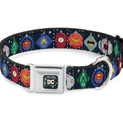 DC Comics Holiday Logo Full Color Black/White Seatbelt Buckle Collar - DC Comics Justice League Holiday Ornament Icons and Stars