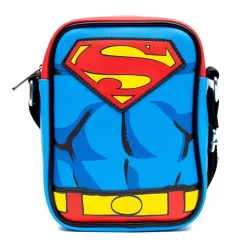 DC Comics Vegan Leather Crossbody Bag with Adjustable Straps, Superman Character Close Up with Super Logo and Belt Appliques, Blue