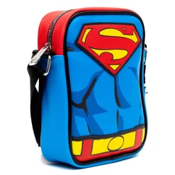 DC Comics Vegan Leather Crossbody Bag with Adjustable Straps, Superman Character Close Up with Super Logo and Belt Appliques, Blue