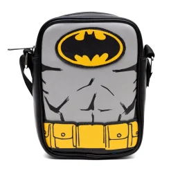 DC Comics Vegan Leather Round Crossbody Bag with Adjustable Straps, Batman Character Close Up with Bat and Belt Appliques, Black and Grey