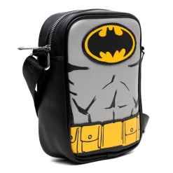 DC Comics Vegan Leather Round Crossbody Bag with Adjustable Straps, Batman Character Close Up with Bat and Belt Appliques, Black and Grey