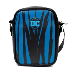 DC Comics Vegan Leather Round Crossbody Bag with Adjustable Straps, Batman Character Close Up with Bat and Belt Appliques, Black and Grey