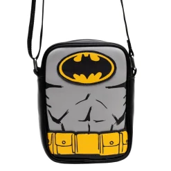 DC Comics Vegan Leather Round Crossbody Bag with Adjustable Straps, Batman Character Close Up with Bat and Belt Appliques, Black and Grey