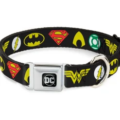 DC Round Logo Black/Silver Seatbelt Buckle Collar - Justice League 6-Superhero Logos Black
