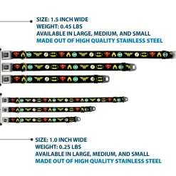 DC Round Logo Black/Silver Seatbelt Buckle Collar - Justice League 6-Superhero Logos Black