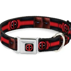 Deadpool Logo CLOSE-UP Black/Red/White Seatbelt Buckle Collar - Deadpool Utility Belt Logo/Pockets Black/Reds/Browns