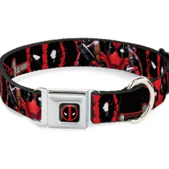 Deadpool Logo Full Color Black/Red/White Seatbelt Buckle Collar - Deadpool 2-Action Poses/Splatter Logo Black/Red/White