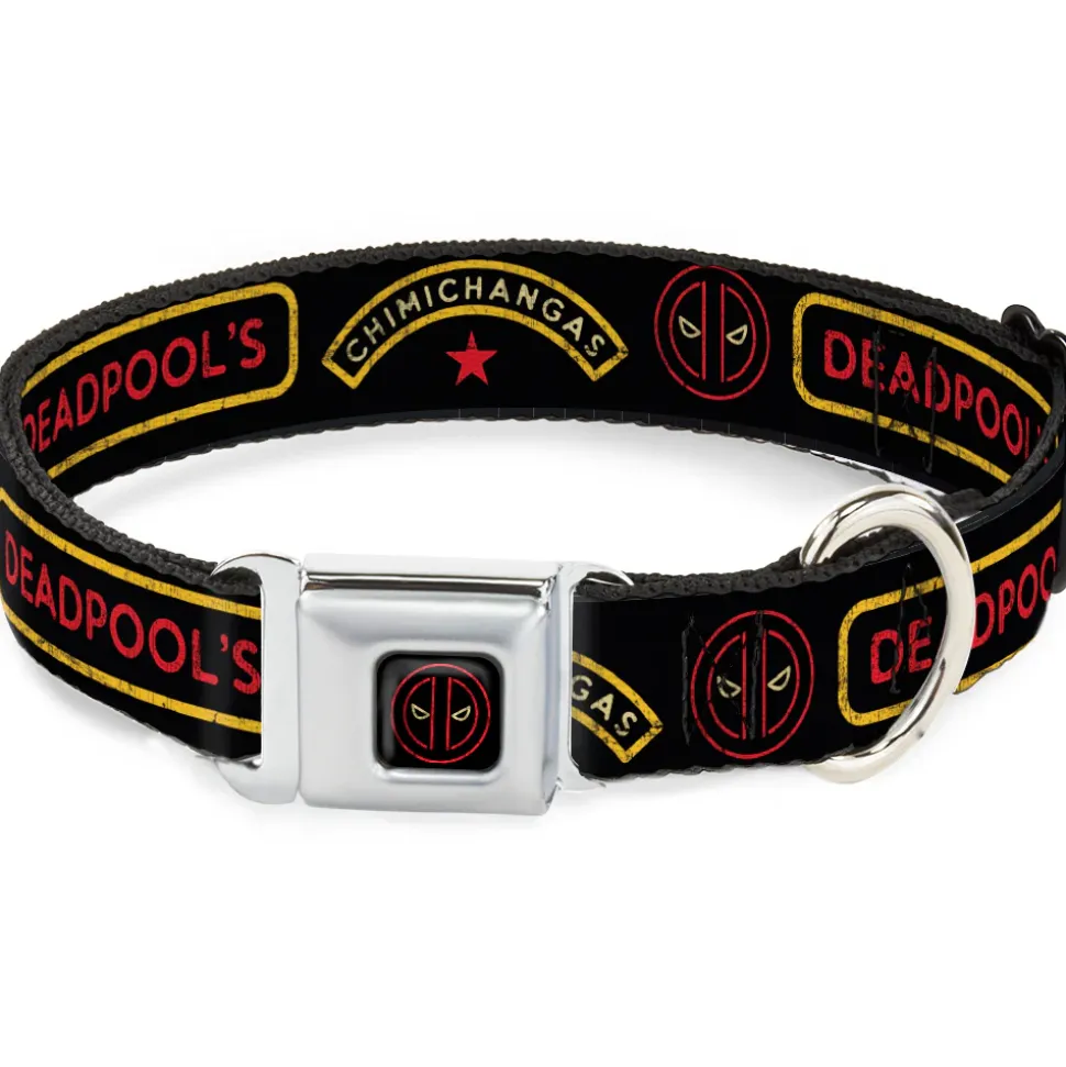 Deadpool Logo Outline Full Color Black/Red/White Seatbelt Buckle Collar - DEADPOOL'S CHIMICHANGAS and Logo Black/Gold/Red
