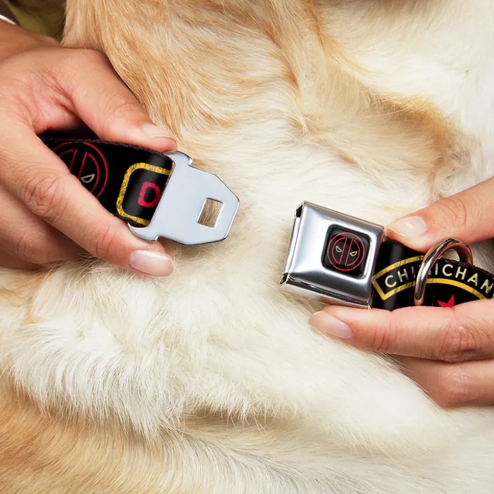 Deadpool Logo Outline Full Color Black/Red/White Seatbelt Buckle Collar - DEADPOOL'S CHIMICHANGAS and Logo Black/Gold/Red