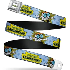 DEXTER'S LABORATORY Title Logo Full Color White/Black/Green Seatbelt Belt - DEXTER'S LABORATORY Title Logo and Dexter Pose Blues/Yellow/Black Webbing