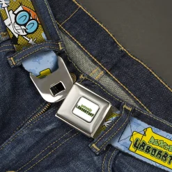 DEXTER'S LABORATORY Title Logo Full Color White/Black/Green Seatbelt Belt - DEXTER'S LABORATORY Title Logo and Dexter Pose Blues/Yellow/Black Webbing
