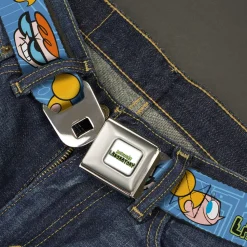 DEXTER'S LABORATORY Title Logo Full Color White/Black/Green Seatbelt Belt - DEXTER'S LABORATORY Title Logo with Dexter and Dee Dee Expressions Blues Webbing