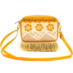 Disney Bag, Horizontal Cross Body, Moana Embroidered Skirt Pattern with Hei Hei and Pua Pose, Raffia Straw