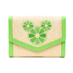 Disney Bag, Horizontal Fold Over Cross Body, Mickey Mouse Embroidered Citrus Ears Lime Green, Raffia Straw