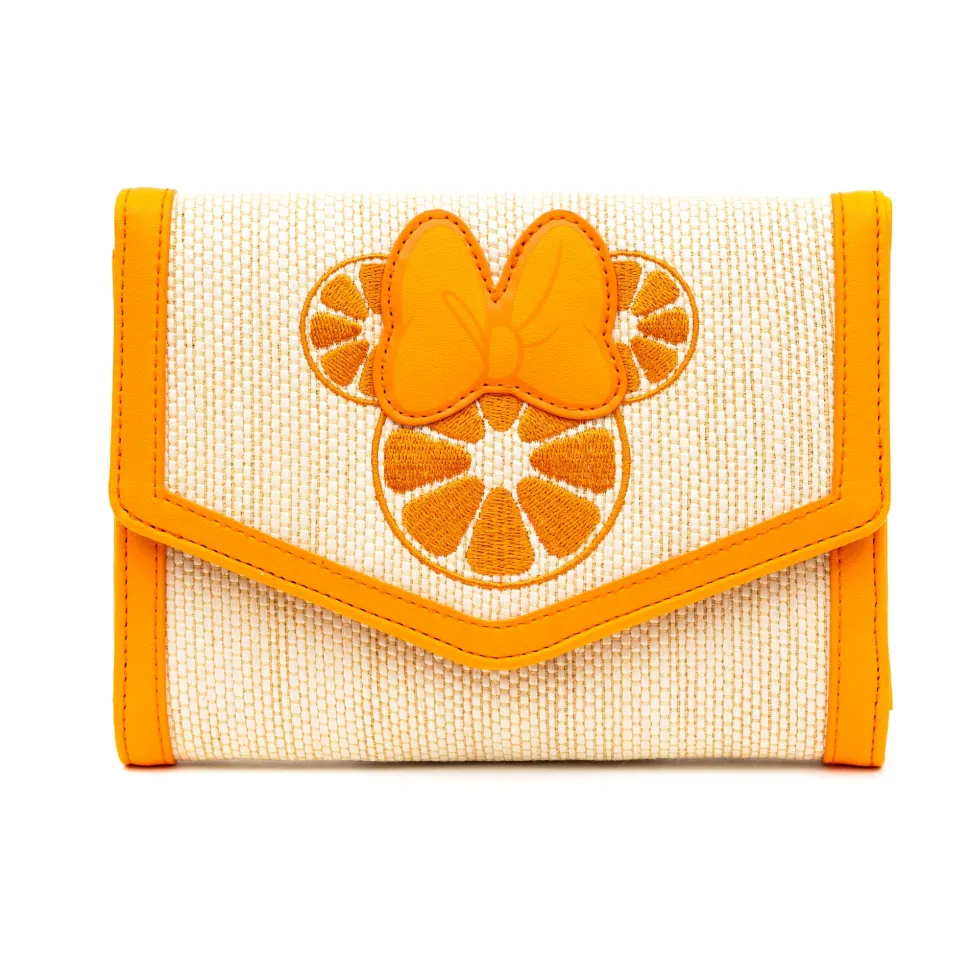 Disney Bag, Horizontal Fold Over Cross Body, Minnie Mouse Embroidered Citrus Ears with Bow Orange, Raffia Straw