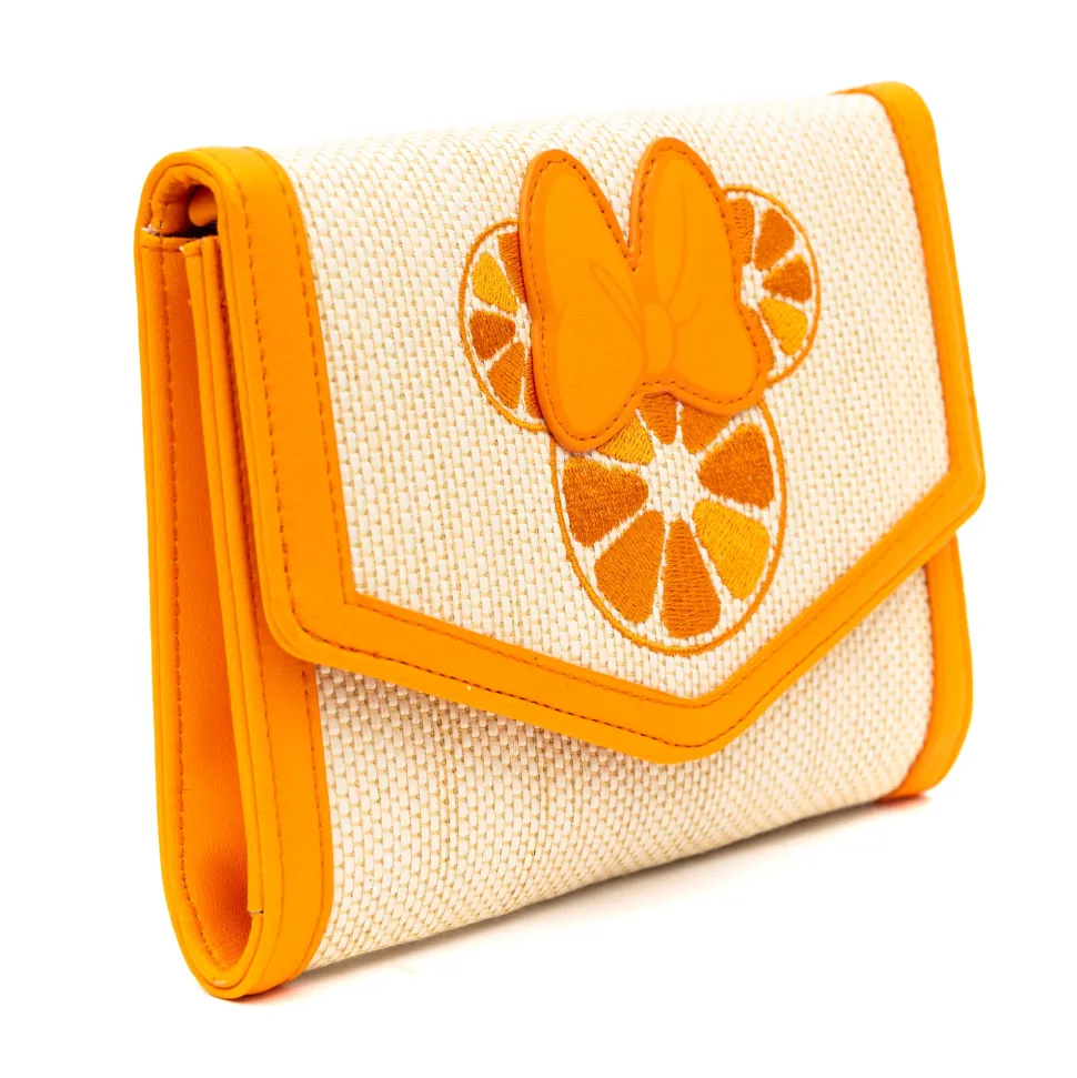 Disney Bag, Horizontal Fold Over Cross Body, Minnie Mouse Embroidered Citrus Ears with Bow Orange, Raffia Straw