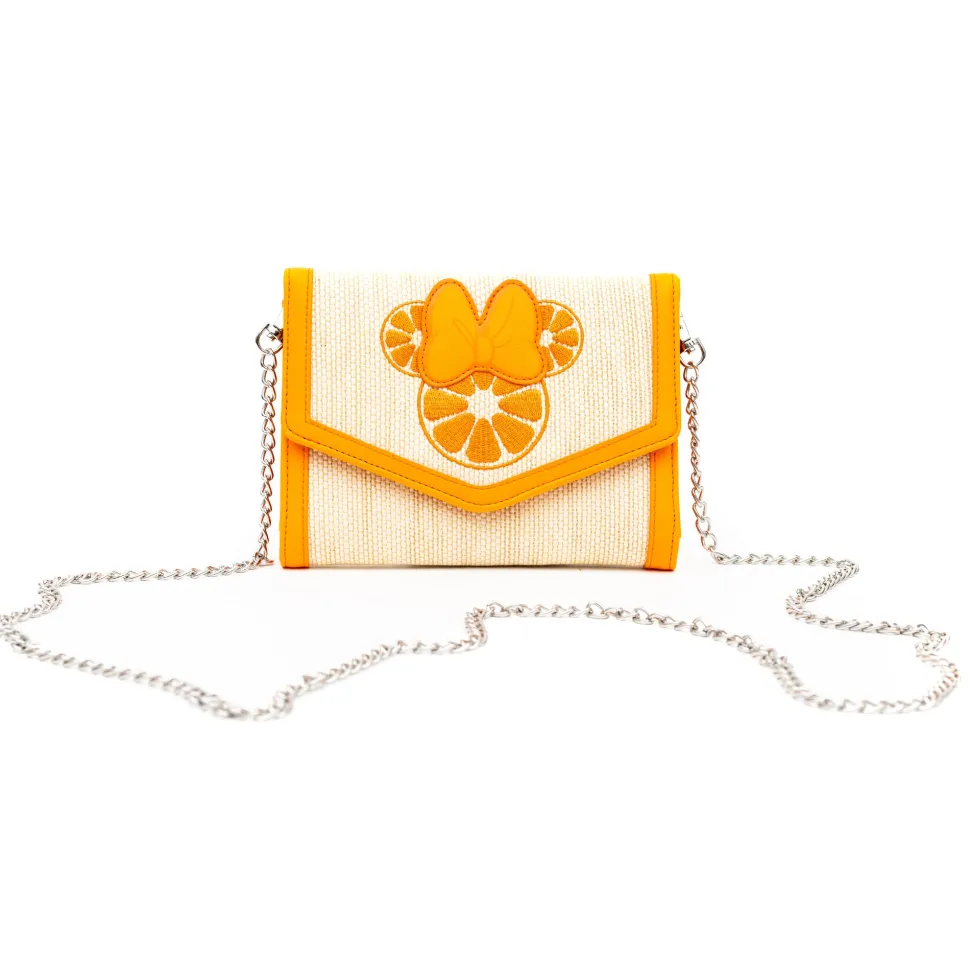 Disney Bag, Horizontal Fold Over Cross Body, Minnie Mouse Embroidered Citrus Ears with Bow Orange, Raffia Straw