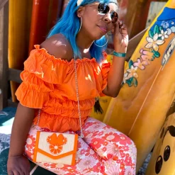 Disney Bag, Horizontal Fold Over Cross Body, Minnie Mouse Embroidered Citrus Ears with Bow Orange, Raffia Straw