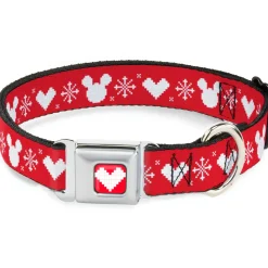 Disney Holiday Mickey Mouse Heart Sweater Stitch Full Color Red/White Seatbelt Buckle Collar - Disney Holiday Mickey Mouse Heart Sweater Stitch Red/White