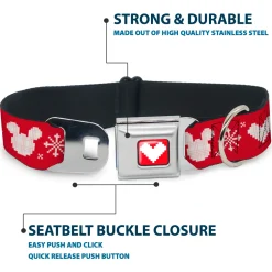 Disney Holiday Mickey Mouse Heart Sweater Stitch Full Color Red/White Seatbelt Buckle Collar - Disney Holiday Mickey Mouse Heart Sweater Stitch Red/White