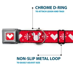 Disney Holiday Mickey Mouse Heart Sweater Stitch Full Color Red/White Seatbelt Buckle Collar - Disney Holiday Mickey Mouse Heart Sweater Stitch Red/White