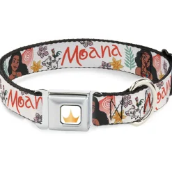 Disney Princess Crown Full Color Golds Seatbelt Buckle Collar - Moana with Pua and Hei Hei Sail Pose with Script and Flowers Beige/Orange