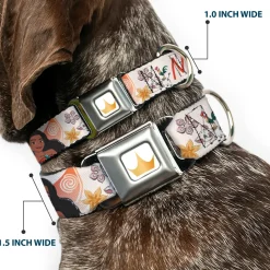 Disney Princess Crown Full Color Golds Seatbelt Buckle Collar - Moana with Pua and Hei Hei Sail Pose with Script and Flowers Beige/Orange
