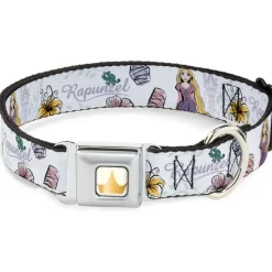 Disney Princess Crown Full Color Golds Seatbelt Buckle Collar - Rapunzel Castle and Pascual Pose with Script and Flowers White/Purples